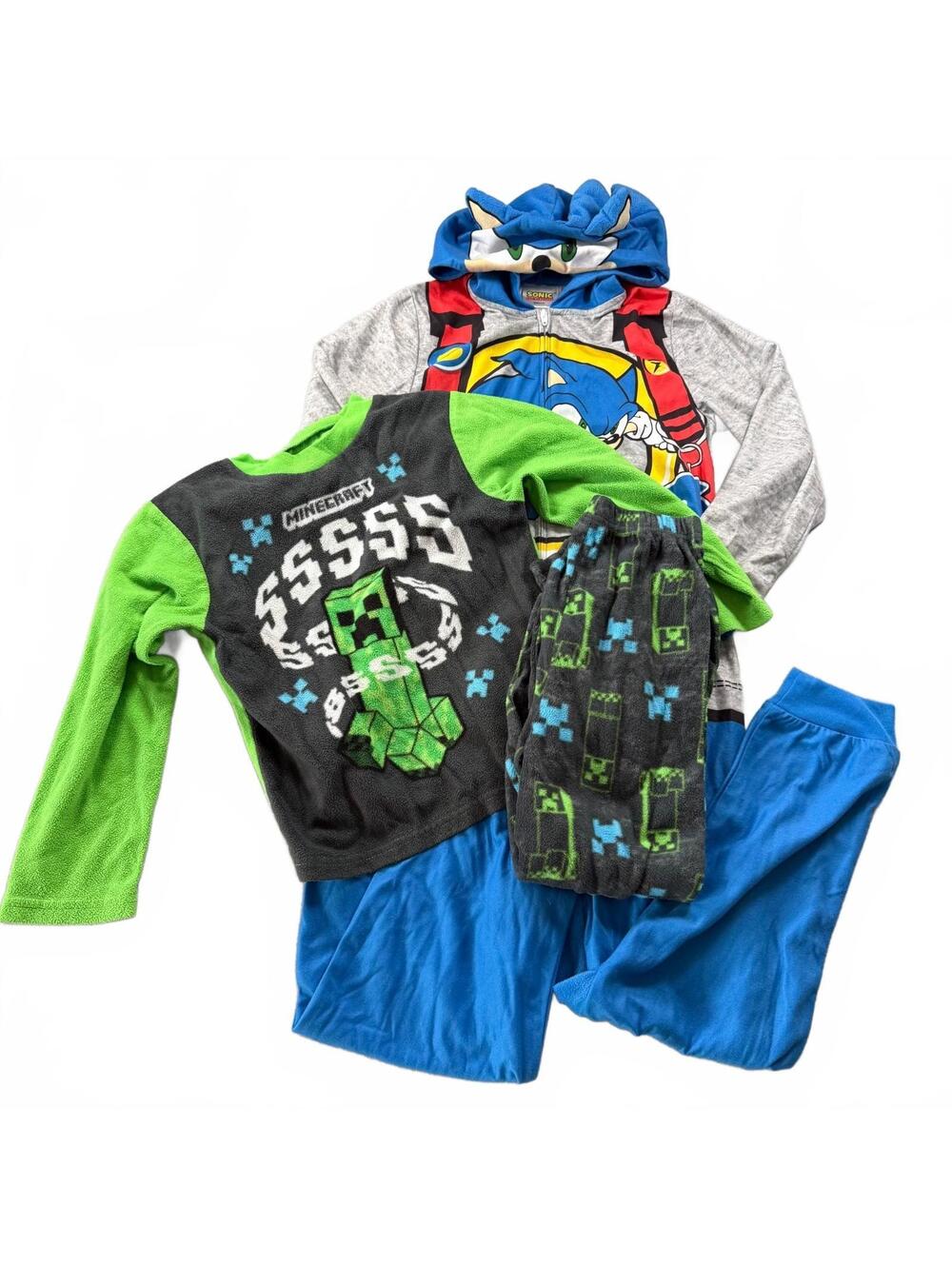 Kids Gaming Pajamas Lot 2 Sets Sonic The Hedgehog Hooded Onesie & Minecraft